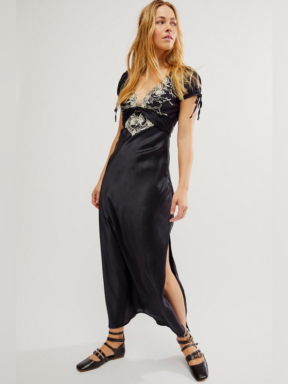 Free People Cooper Maxi Dress - Black & White Embroidered Puff Sleeves